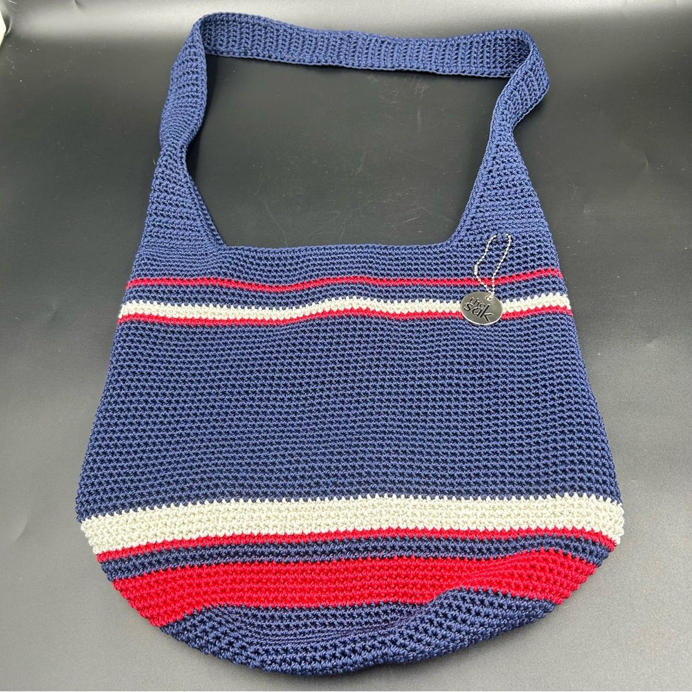 The Sak Hand Crocheted Navy Stripe Shoulder Bag Bali Made Lined Boho Casual - Picture 2 of 10